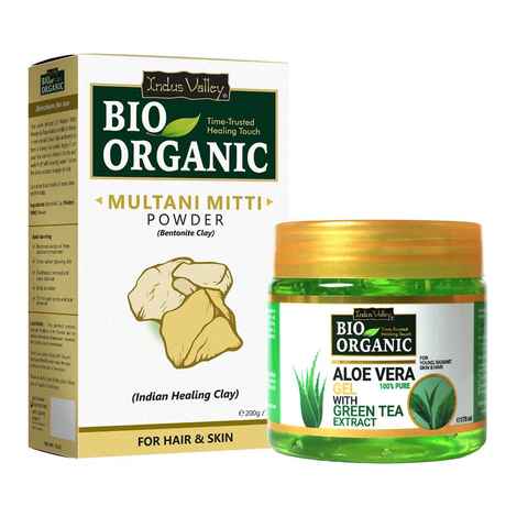 Buy Indus Valley Bio Organic Aloe Vera Gel and Multani Mitti Powder combo pack for Acne, Scars, Glowing & Radiant Skin Treatment (175ml + 200 gm) - Purplle