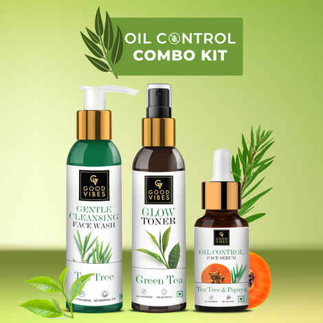 Buy Good Vibes Oil Control Combo Kit (Tea Tree & Papaya Serum 10ml + Tea tree Face Wash 120 ml + Green Tea Toner 120 ml) - Purplle
