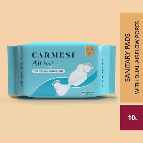 Buy Carmesi Air Feel Sanitary Pads With Dual Airflow Pores - 10 L Pads With Wide Back | Keeps You Dry, Sweat-Free, Rash-Free & Comfy | Soft, Lightweight & Ultra-Thin | Super-Absorbent Core | Non-Toxic - Purplle