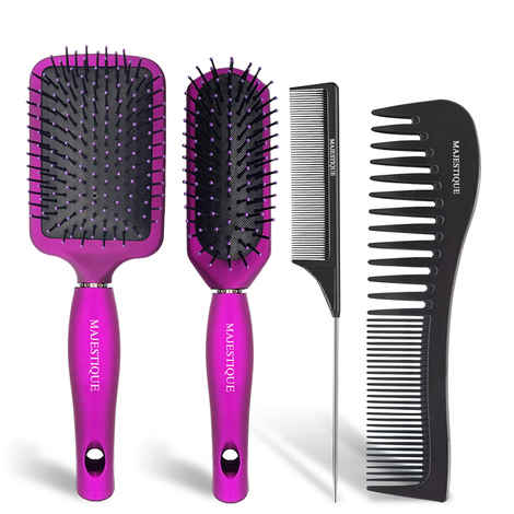 Buy Majestique Hair Brush Set - Paddle Brush, Styling Brush, Tail Comb & Wide Tooth Comb for Women & Men, Great on Wet or Dry Hair - 4Pcs/Purple - Purplle