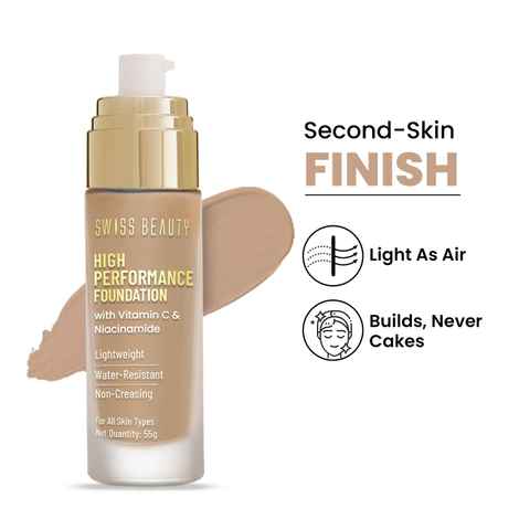 Swiss Beauty High Performance Foundation | Water-Resistant | Medium to Buildable Coverage | Lightweight | Easy to Blend | With Vitamin C & Niacinamide|6 Medium Beige 55 gm