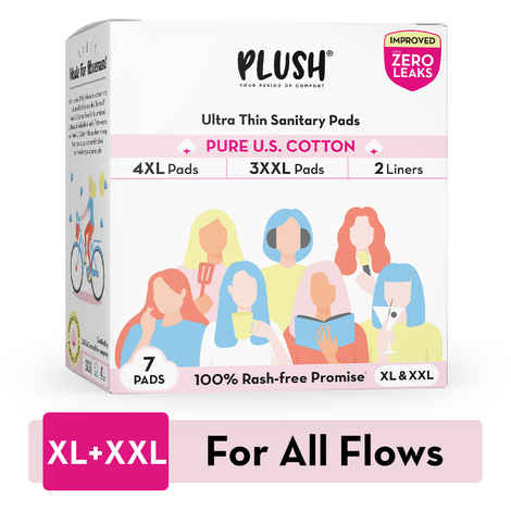 Buy Plush Ultra-Thin Sanitary Pads For Women, 7 Cotton Sanitary Napkins | 3 Heavy Flow XXL pads + 4 Medium Flow XL pads + 2 Panty Liners For Rash Free Periods | Pure U.S. Cotton Pads With Disposable Pouch - Purplle