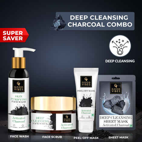 Buy Good Vibes Deep Cleansing Activated Charcoal Combo (Facewash, Scrub, Sheet mask, Peel off mask) Combo of 4 - Purplle