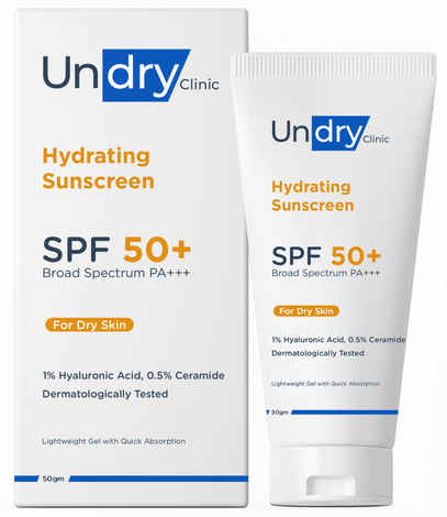 Buy Undry Hydrating Sunscreen for Dry Skin (50 gm) Lightweight, Photostable Sunscreen SPF 50 Broad Spectrum Sun Screen Protector SPF 50 Sunscreen for Women & Sunscreen for Men; Sun Cream with HA & Ceramide - Purplle