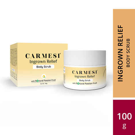 Buy Carmesi Ingrown Relief Body Scrub | Releases Trapped Ingrown Hair | Aids in Gentle Exfoliation | No Strawberry Skin | With Natural Passion Fruit Extract, Lactic Acid, & Glycolic Acid | 100 gm - Purplle