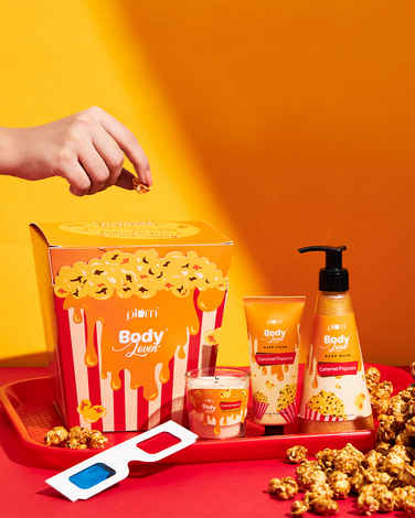 Plum BodyLovin' Caramel Popcorn Gift Set | SLS-Free Body Wash, Non-Greasy Hand Cream & Long Lasting Scented Candle | Warm Caramel Fragrance | Unique Popcorn Tub Packaging | Perfect Gifting Option