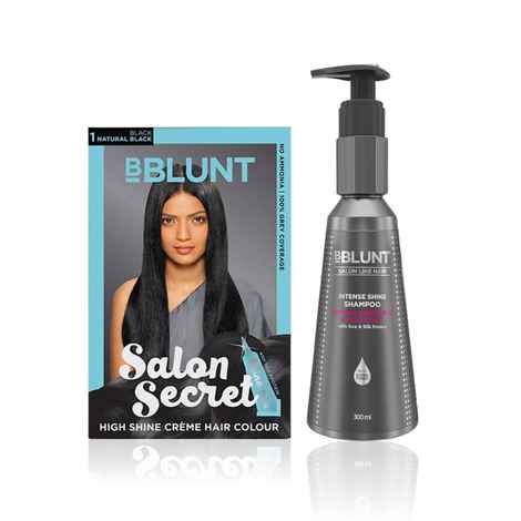 Buy BBLUNT Salon Secret High Shine Creme Hair Colour Natural Black 1 (100 g) With Shine Tonic (8 ml)+BBLUNT Intense Shine Shampoo with Rice & Silk Protein for 23X* Shinier Hair - 300 ml - Purplle