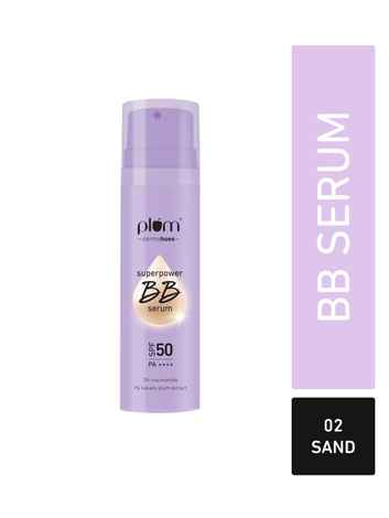 Buy Plum Superpower BB Serum with SPF 50 PA ++++ | Natural Everyday Base | Evens Out Skin Tone | Buildable Coverage | With 3% Niacinamide | 100% Vegan & Cruelty Free | 30 ml - 02 Sand - Purplle