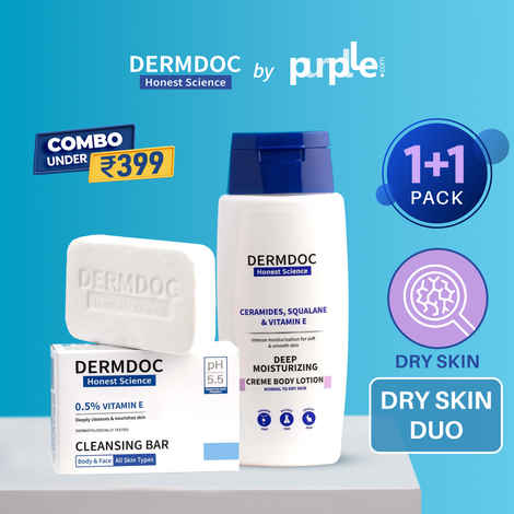 DERMDOC Combo for Winter Body Care | ceramide & hyaluronic acid body lotion | vitamin e cream beauty bar | soap free formulation | moisturiser for winter | dry, flaky skin
