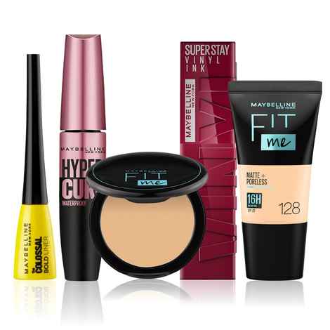 Buy Maybelline NewYork Effortless Elegance Makeup Bundle 5 | Fit Me Compact 128 (6g) | Fit Me Liquid Foundation Tube 128 (18ml) |Hypercurl Mascara Waterproof Very Black (9.2 g) | Colossal Bold Eyeliner Black(3g) |Superstay Liquid Lipstick - Purplle