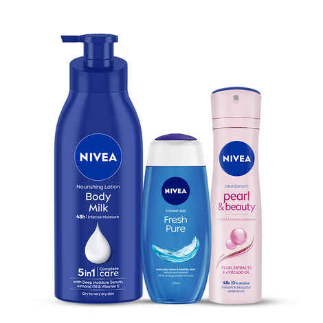 Buy Nivea Nourishing lotion Body Milk (400 ml) NIVEA Fresh Pure Shower Gel (125 ml) NIVEA Deodorant Pearl & Beauty Women 150ml (Pack of 3) - Purplle