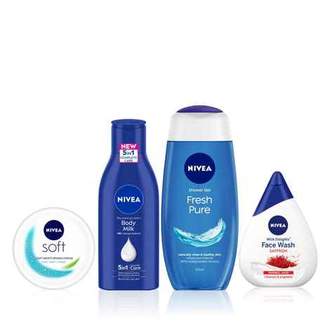 Buy NIVEA Ultimate Skin Nourishment Kit 1(Fresh Pure Shower Gel(125ml) + Saffron Face Wash(100ml) + Almond Oil Body Lotions(120ml) + SOFT Light cream(100ml)) - Purplle
