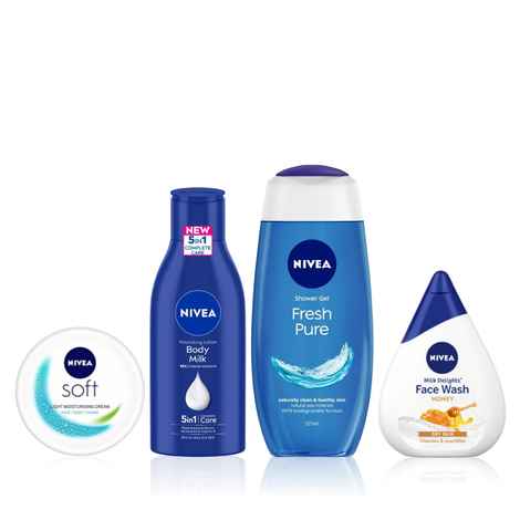 Buy NIVEA Ultimate Skin Nourishment Kit 2(Fresh Pure Shower Gel(125ml)+Moisturizing Honey Face Wash(100ml)+Almond Oil Body Lotion(120ml)+SOFT Light cream(100ml)) - Purplle