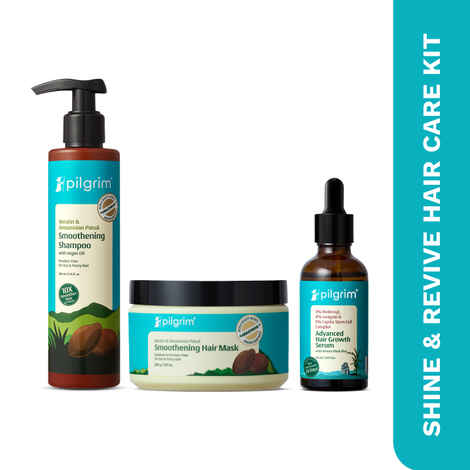 Buy Pilgrim Shine & Revive Hair care kit 1 ( Hair Smoothening Shampoo (200 ml) + Smoothening Hair Mask (200 ml) + Advanced Hair Growth Serum (50 ml)) - Purplle
