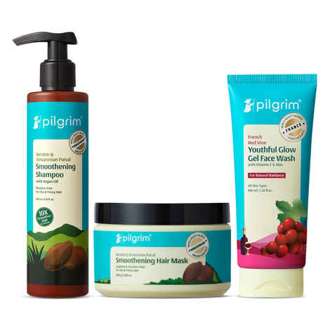 Buy Pilgrim Everyday Cleansing Kit 2 (Hair Smoothening Shampoo (200 ml) + Smoothening Hair Mask (200 ml) + Red Vine Face Wash (100ml)) - Purplle