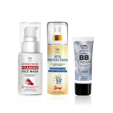 Buy TNW The Natural Wash Kumkumadi Face wash + Sun Protection Spray SPF 50 + BB Cream with SPF 30 - Combo of 3 - Purplle