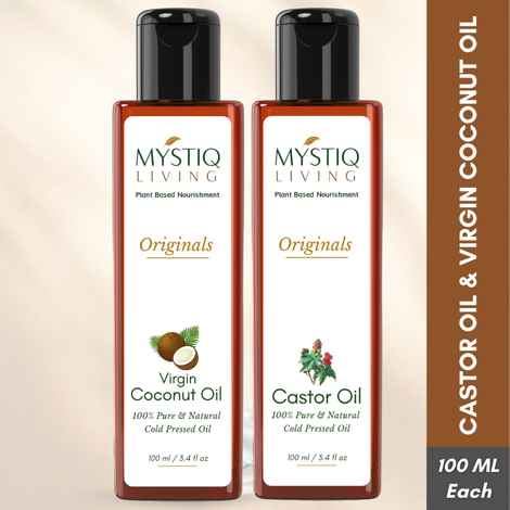 Buy Mystiq Living Extra Virgin Coconut Oil & Castor Oil Combo 200ML (Pack of 2) - 100 ML Each for Hair & Skin | Castor Oil for Hair Growth | Cold Pressed| Organic | 100% Pure Castor Oil for Skin, Moisturizing Dry skin, Nail, Eyelash - Purplle
