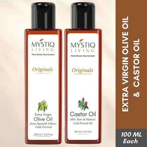 Buy Mystiq Living Extra Virgin Olive Oil and Castor Oil Combo - 100 ML each (200 ML) for Skin, Hair & Body, Castor Oil for Hair Growth, Olive Oil for Face | Baby Massage & Body Massage Cold Pressed, Organic, 100% Pure and Natural - Purplle