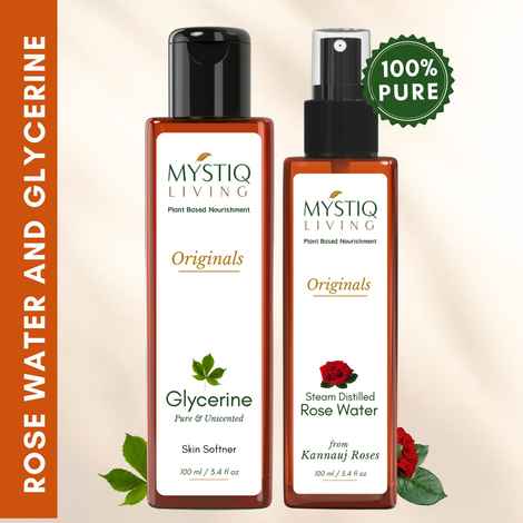 Mystiq Living Glycerine and Rose Water Spray Combo (Pack of 2) - 100 ML Each, For Skin and Body Care, Gulab Jal, Rose Water Toner Spray, Gulabari, Skin Toner, Glycerine For Face, Pure Glycerine, Vegetable Glycerine, Liquid Glycerine
