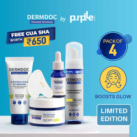DERMDOC Combo Kit for Face & Body Glow + Free Gua Sha | niacinamide serum, brightening face wash, brightening body cream, kojic acid night cream | pack of 4 | festive glow kit