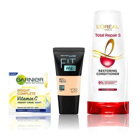 Buy Maybelline x Garnier x L'Oreal Paris Most Loved Combo 2 (Maybelline Fit Me foundation, 128 Warm Nude (18 ml), Garnier Bright Complete Vitamin C Yogurt night Cream (40 gm), L'Oreal Paris Total repair 5 Conditioner (180 ml)) - Purplle