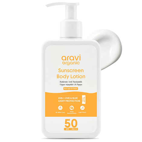 Aravi Organic Oil-Free SPF 50 Sunscreen Body Lotion | Lightweight, No White Cast | PA+++ UVA-UVB Protection | Enriched with Niacinamide & Vitamin E | Hydrating & Skin Repair | For All Skin Types – 200 ml