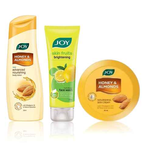 Buy Joy Honey & Almonds Advanced Nourishing Body Lotion 300ml + Honey & Almonds Nourishing Skin Cream 500ml+ Skin Fruits Active Brighteing Lemon Face Wash 100ml  (3 Items in the set) - Purplle