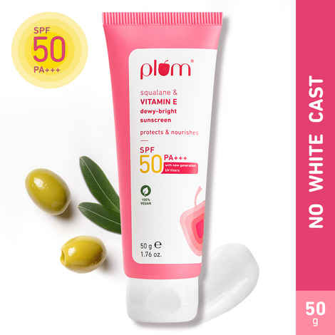 Buy Plum Squalane & Vitamin E Dewy-Bright Sunscreen SPF 50 PA+++ | No White Cast, Lightweight, Non-Sticky | With Safest, New Generation UV Filters | Protects & Nourishes All Skin Types | Sunscreen For Women & Men | 100% Vegan | 50 gm - Purplle