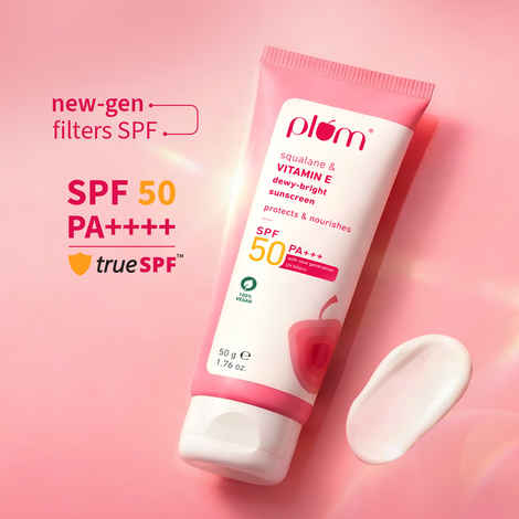 Buy Plum Squalane & Vitamin E Dewy-Bright Sunscreen SPF 50 PA+++ | No White Cast, Lightweight, Non-Sticky | With Safest, New Generation UV Filters | Protects & Nourishes All Skin Types | Sunscreen For Women & Men | 100% Vegan | 50 gm - Purplle