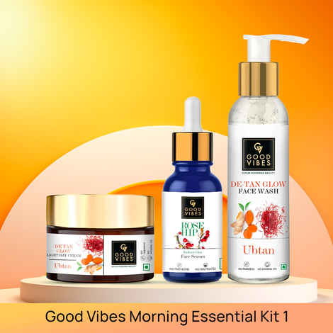Buy Good Vibes Morning Essential Kit 1 - Ubtan De Tan Glow Face Wash (120 ml) + Rosehip Radiant Glow Face Serum (10 ml) + Ubtan De-tan Glow Light Day Cream (50 gm) - Purplle