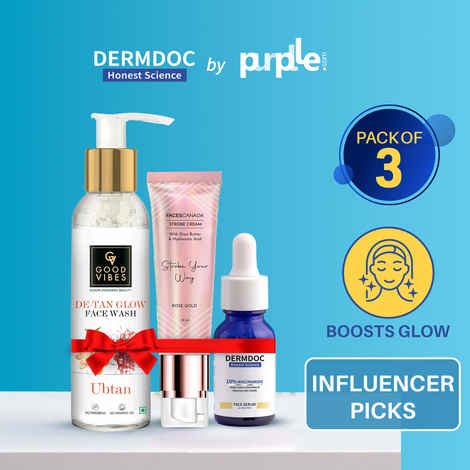 Buy Good Vibes x Dermdoc x Faces Canada (Good Vibes Ubtan De Tan Glow Face Wash (120 ml) + DERMDOC by Purplle 10% Niacinamide Face Serum (15 ml) + Faces Canada Strobe Cream (30 gm) - Purplle