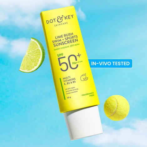 Buy Dot & Key Lime Rush Swim + Sports Sunscreen SPF 50+, PA++++ with 180 mins water resistant | In ViVo Tested Sports Sunscreen with Multivitamins E, B3 & B5 | Suitable for All Skin Types, prevents tanning & sweat resistant | 50 gm - Purplle