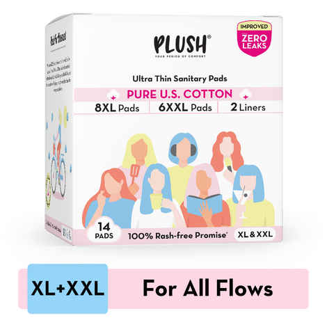 Buy Plush Ultra-Thin Sanitary Pads For Women, 14 Cotton Sanitary Napkins | 6 Heavy Flow XXL pads + 8 Medium Flow XL pads + 2 Panty Liners For Rash Free Periods | Pure U.S. Cotton Pads With Disposable Pouch - Purplle
