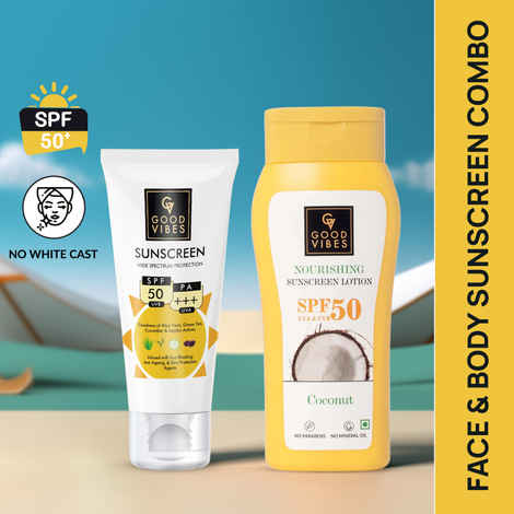 Buy Good Vibes Face & Body Sunscreen Combo | Wide Spectrum SPF50 | Coconut Sunscreen Lotion SPF50. - Purplle