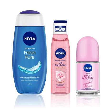Buy Nivea Pure Elegance Trio: NIVEA Fresh Pure Shower Gel + White Pearls Deo Roll-on + Rose Water Gel Body Lotion - Purplle