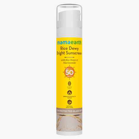 Mamaearth Rice Dewy Bright Sunscreen with Rice Water & Niacinamide| Gives SPF50 & PA++++ Protection | For Glass Skin Glow | Evens Skin Tone | Tan,UVA & UVB Protection | No White Cast | All Skin Types - 50 gm