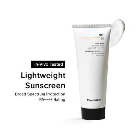Buy Minimalist SPF 50 Sunscreen with niacinamide + vitamin b5 + vitamin f, broad spectrum, PA++++ for all skin types, 50 gm - Purplle