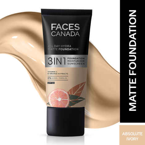 Buy FACES CANADA All Day Hydra Matte Foundation | 3-in-1 Foundation + Moisturizer + SPF30 | 10HR Long Wear | Buildable Coverage | Absolute Ivory, 25 ml - Purplle