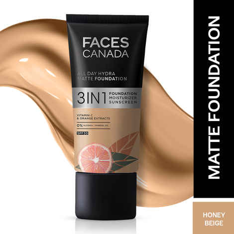 Buy FACES CANADA All Day Hydra Matte Foundation | 3-in-1 Foundation + Moisturizer + SPF30 | 10HR Long Wear | Buildable Coverage | Honey Beige, 25 ml - Purplle