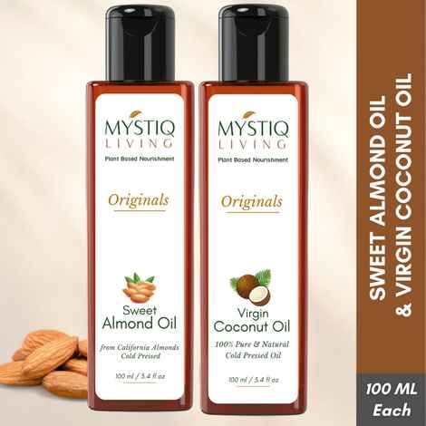 Buy Mystiq Living Sweet Almond Oil & Extra Virgin Coconut Oil Combo 200ML (Pack of 2) -100 ML Each for Hair, Skin, & Baby Massage, Badam Rogan Shirin for Glowing Skin, Almond oil for Face, Facial oil, Cold Pressed, 100% Pure & Natural - Purplle