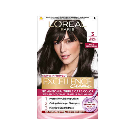 Buy L'Oreal Paris Excellence Creme Hair Color, 3 Dark Brown, 72ml+100g - Purplle