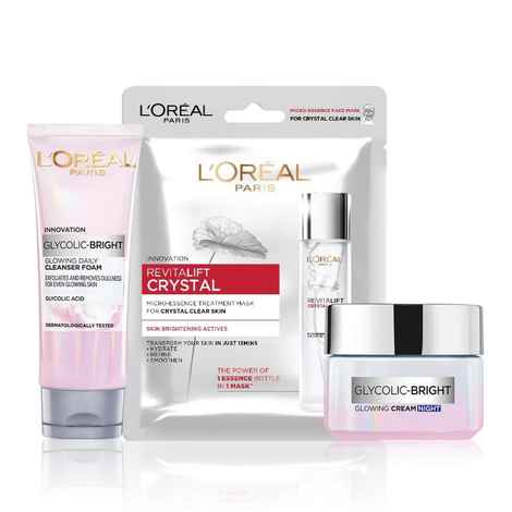 Buy L'oreal Paris Morning Glow Kit 1 (Gycolic Acid Cleanser Foam (100 ml) + Revitalift Sheet Mask (25 gm) + Glycolic Acid Day Cream With SPF 17 (15 ml) - Purplle