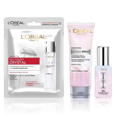 Buy L'oreal Paris Glowing Skin Kit 1 ( Glycolic Acid Cleanser Foam (100 ml) + 3% Glycolic Acid + VIT CG + NIACINAMIDE - Dark Circle Eye Serum (20 ml) + Revatalift Crystal Sheet Mask (25 gm)) - Purplle