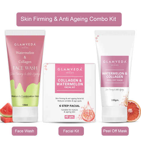 Buy Glamveda Watermelon & Collagen Anti Ageing Combo Gift Pack | Reduces signs of ageing | Face Wash, Facial Kit & Peel Off Mask 240 gm - Purplle