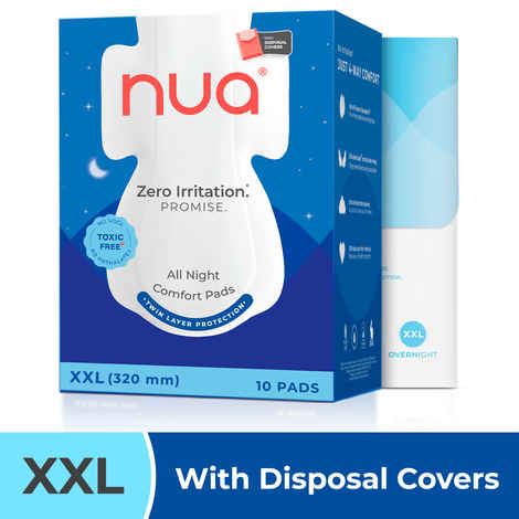 Buy Nua All Night Comfort Sanitary Pads | Pack of 10 (XL++ 320mm) | Twin Layer Protection | 50% Wider Back and Anti Stain Wings | Upto 10 Hours of Absorption | Super Soft and Breathable | No Rashes | 100% Toxic-Free - Purplle