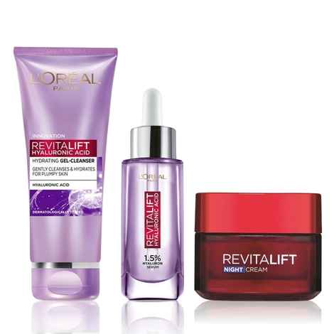 Buy L'oreal Paris Overnight Deep Tissue Healing Kit 1 (Revitalift Hyaluronic Acid Hydrating Gel Cleanser (100 ml) + Revitalift 1.5% Hyaluronic Acid Serum, 15ml + Revitalift Moisturizing Night Cream (50 ml)) - Purplle