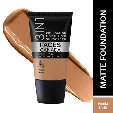 Buy FACES CANADA All Day Hydra Matte Foundation - Mini | 3-in-1 Foundation + Moisturizer + SPF 30 | 24 HR Aloe Hydration & Vitamin C | 10HR Long Wear | Medium to High Buildable Coverage | Warm Sand | 18 ml - Purplle