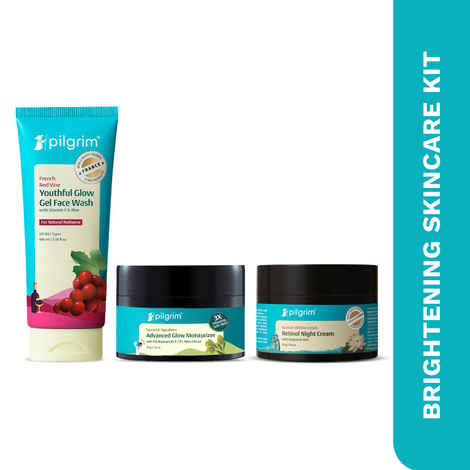 Buy Pilgrim Brightening Skincare Kit, Combo of 3-Red Vine Face Wash (100 ml), Squalane Glow Moisturizer (50 gm) & Retinol Night Cream (50 gm) | AM-PM Routine | Glowing, Hydrated Skin | For Men & Women - Purplle