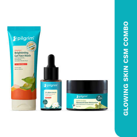 Buy Pilgrim Glowing Skin CSM Combo : Vitamin C Face Wash (100 ml) + Alpha Arbutin & Vitamin C BrighteningA Serum (30ml) + Squalane Glow Moisturizer (50gm) - Purplle