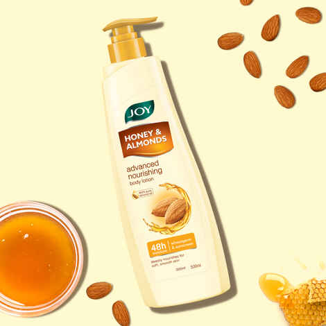 Joy Honey & Almonds Advanced Nourishing Body Lotion (500 ml) | Enriched With Shea Butter | Long Lasting 48 hours Moisture | Natural Sunscreen Filters | Suitable for Normal to Dry Skin